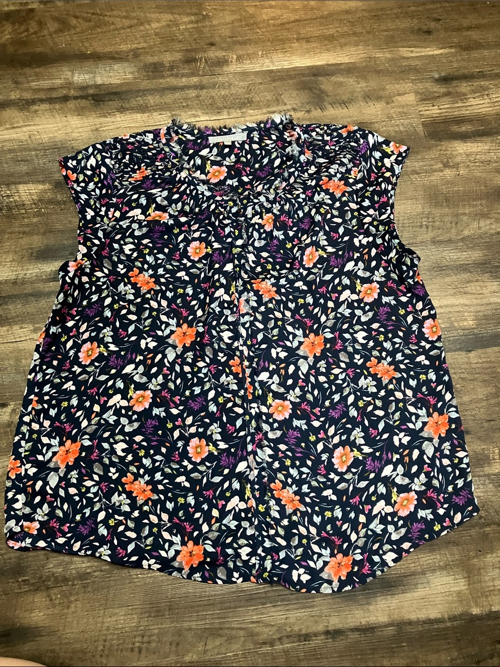 Daniel Rainn Navy Floral Cap-Sleeve Blouse with Orange and Pink Blossoms